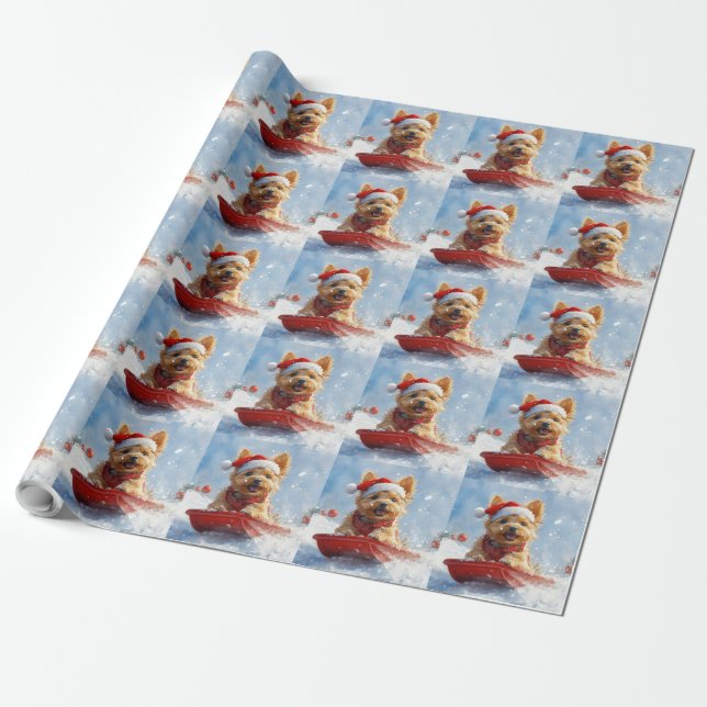 Papier Cadeau Un Terrier australien à la luge, qu'il neige Noël (Déroulé)
