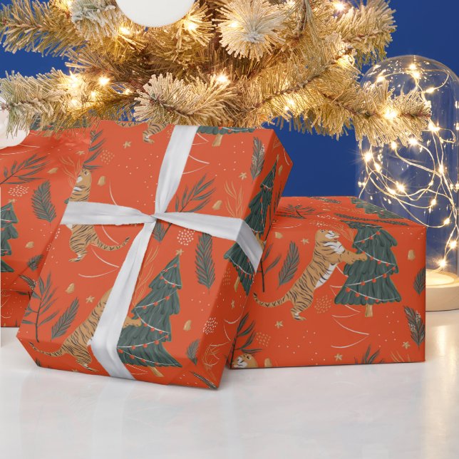 Papier Cadeau Un tigre de Noël vert et rouge unique (Vacances)