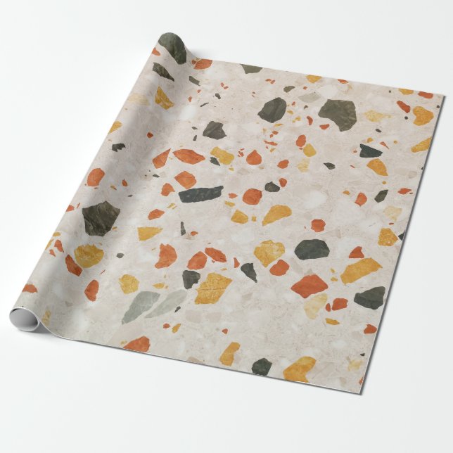 Papier Cadeau Une couleur terrazzo rouge et vert et jaune en con (Déroulé)
