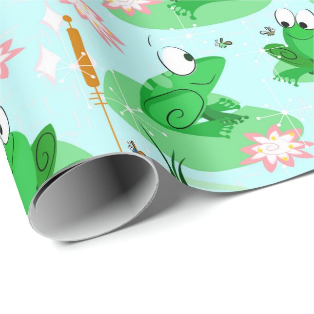 Papier Cadeau Une fête froggy - scène joyeuse d'étang pastel (Coin rond)