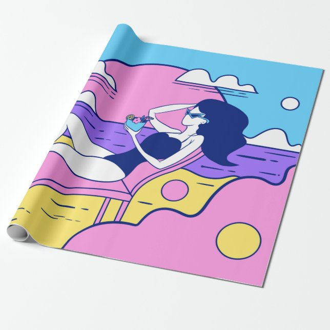 Papier Cadeau une fille bronzette sur la plage avec un cocktail  (Déroulé)