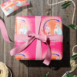 Papier Cadeau Unicorn and Princess with Castle Letter C Monogram