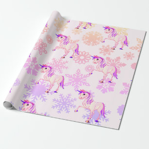 Papier Cadeau Unicorn Cute Girl Whimsical Pink Snowflakes
