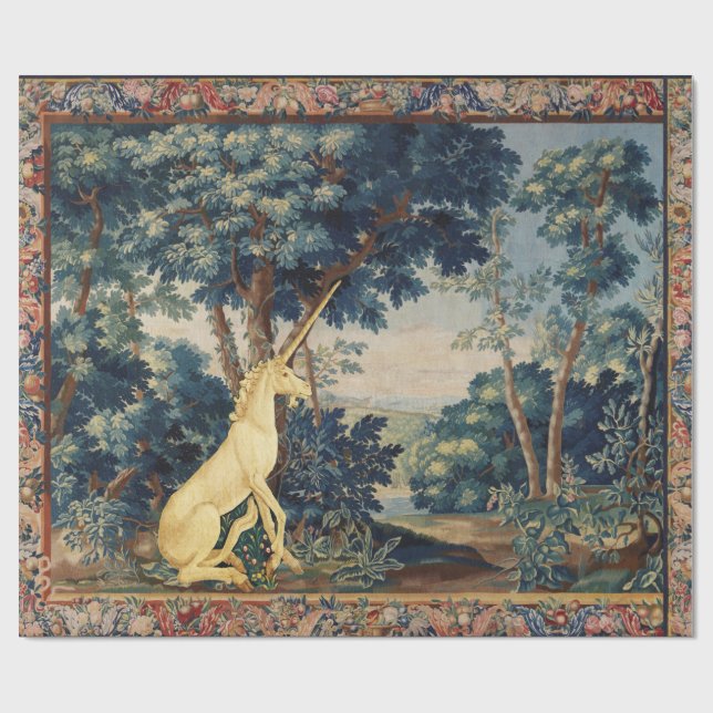 PAPIER CADEAU UNICORN EN PAYSAGE EN BOIS, ARBRES, VERDURE (Plat)