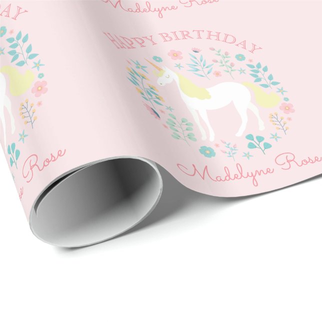 Papier Cadeau Unicorn Floral Blush rose Personnalisé Anniversair (Coin rond)