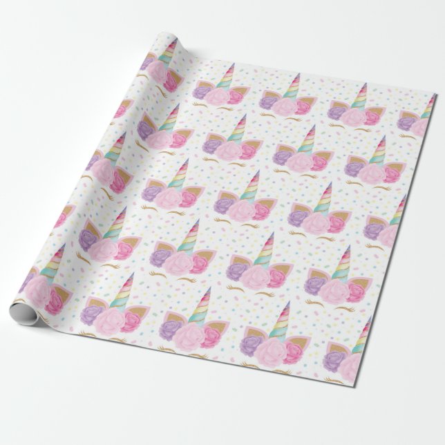 Papier Cadeau Unicorn Pastel Rose Girl Rainbow Anniversaire (Déroulé)