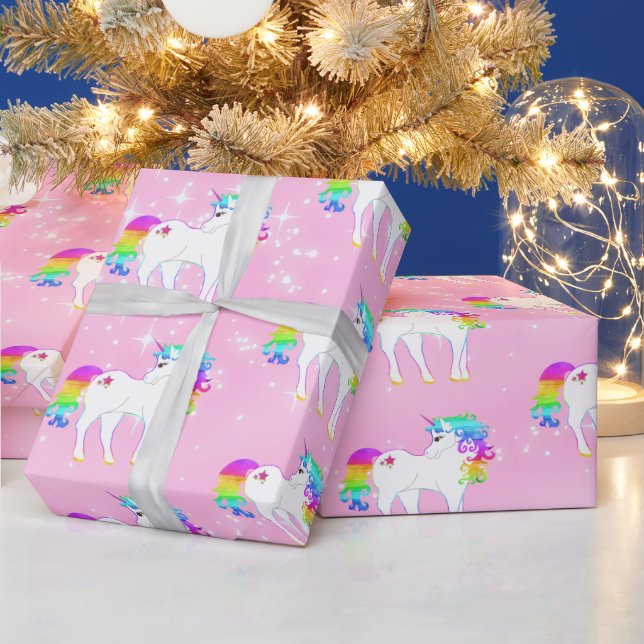Papier Cadeau Unicorne arc-en-ciel rose mou (Vacances)