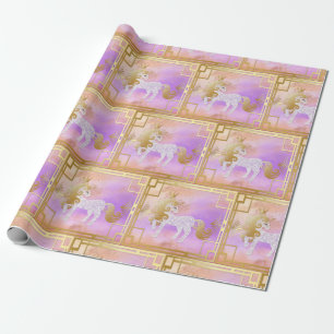Papier Cadeau Unicorne avec couronne d'or sur un rose d'or viole