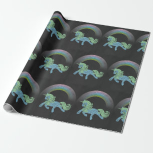 Papier Cadeau Unicorne bleue avec fond noir arc-en-ciel