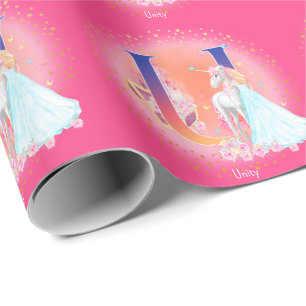 Papier Cadeau Unicorne et princesse avec la lettre du château U 