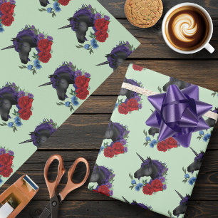 Papier Cadeau Unicorne noire violet Fleurs de Sage Rouge