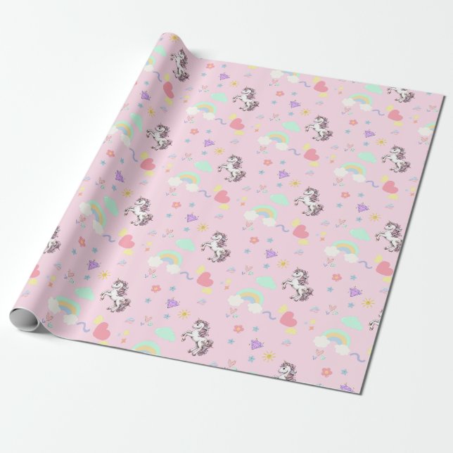 Papier Cadeau Unicorne rose magique princesse fille d'anniversai (Déroulé)
