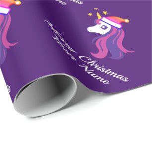 Papier Cadeau Unicorne rose petite fille avec le chapeau de Noël