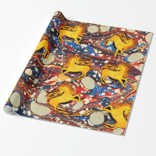 PAPIER CADEAU UNICORNES D'OR, EFFETS MARBÉS BLEU ROUGE, CERCLES