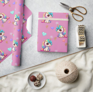 Papier Cadeau Unicornes et Coeurs étincelants rose magique
