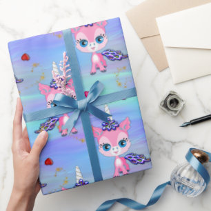 Papier Cadeau Unicornes et coeurs roses