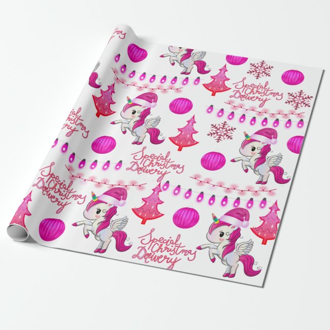 Papier Cadeau Unicornes roses Papier d'enveloppement de Noël (Déroulé)