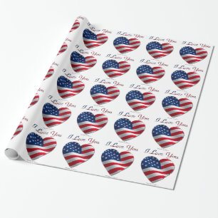 Papier Cadeau USA Flag Heart Je t'aime