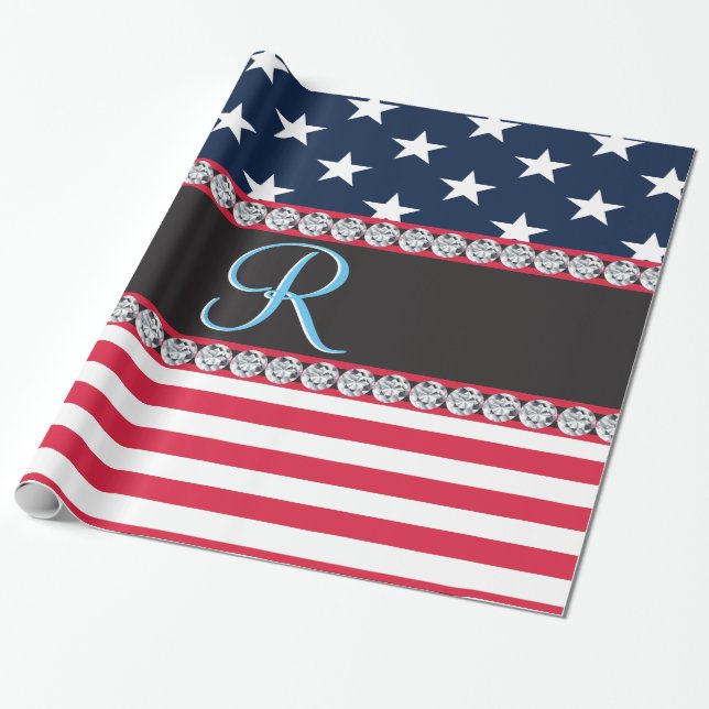 Papier Cadeau USA Stars Stripes Script Monogramme Éblouissant (Déroulé)