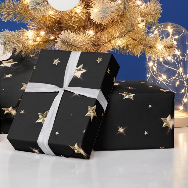 Papier Cadeau Vacances Black et Gold Faux Metal Christmas Stars (Vacances)