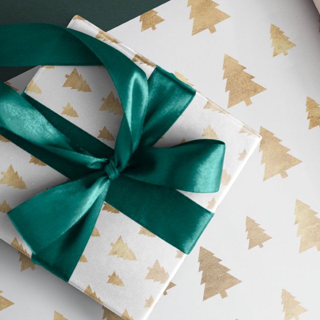 Papier Cadeau Vacances Blanc Arbre de Noël (Holidays White Golden Christmas Tree Wrapping Paper)