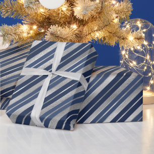 Papier Cadeau Vacances Bleu et Argent Foil Stripes de Noël