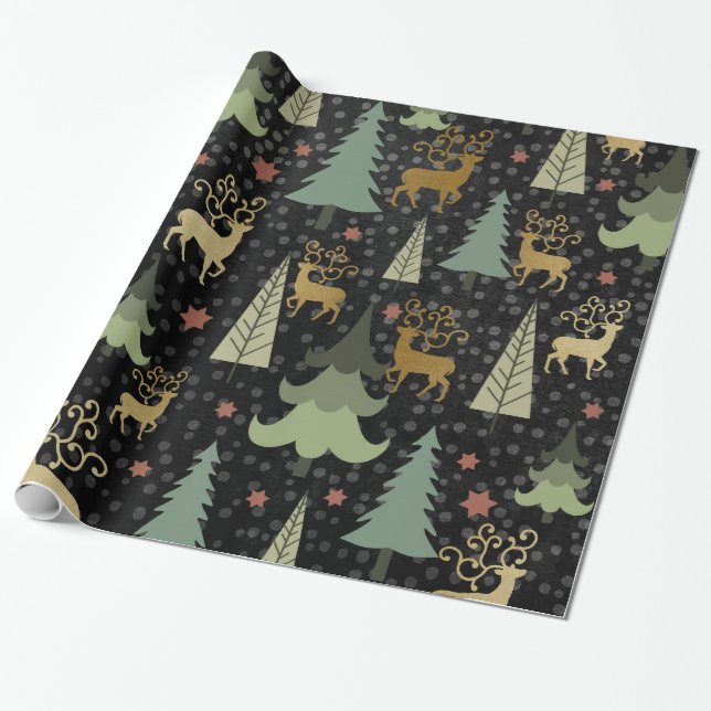 Papier Cadeau Vacances de Noël - arbres et cerfs communs sur le (Déroulé)