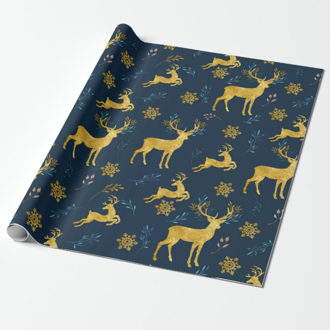 Papier Cadeau Vacances de Noël - cerf commun d'or sur l'arrière (Déroulé)