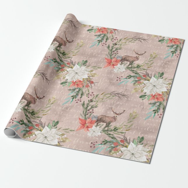 Papier Cadeau Vacances de Noël - cerfs communs et Pointsettia (Déroulé)