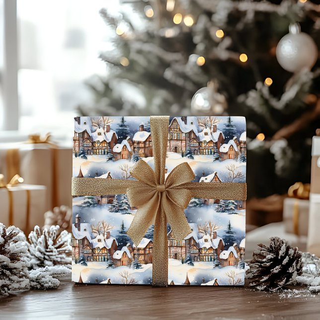 Papier Cadeau Vacances de Noël dans le village bavarois d'hiver  (Snowy Winter Wonderland Bavarian Village Landscape Christmas Holiday Wrapping Paper)