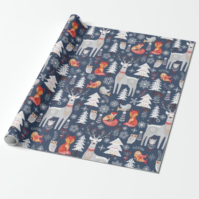 Papier Cadeau Vacances de Noël des animaux des bois scandinaves (Déroulé)
