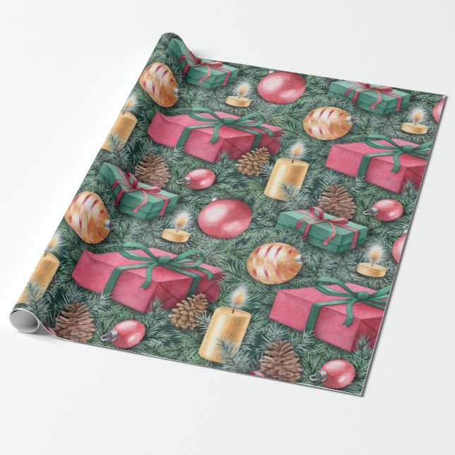 Papier Cadeau Vacances de Noël - jolis cadeaux d'aquarelle (Déroulé)