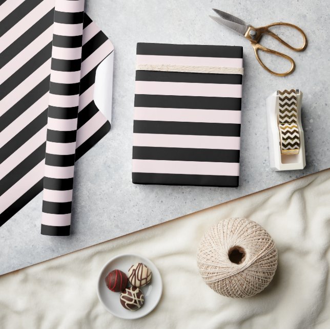 Papier Cadeau Vacances de Noël moderne rayé rose et noir (Artisanat)