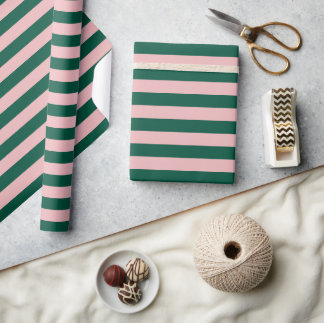 Papier Cadeau Vacances de Noël modernes rayées Rose vert