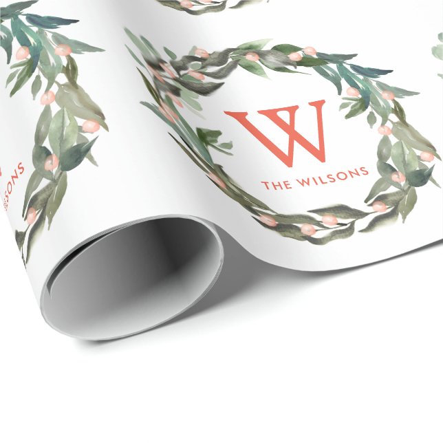 Papier Cadeau Vacances de Noël Monogram Green Wreath (Coin rond)