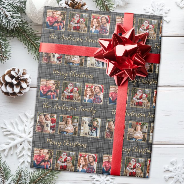 Papier Cadeau Vacances d'hiver Plaid Grey Or Custom 6 Photos (Créateur téléchargé)