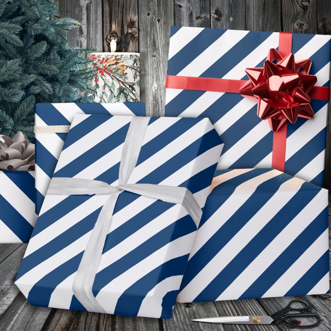 Papier Cadeau Vacances en Bleu Large Bleu Marine (Navy Blue Wide Stripe Holiday Wrapping Paper In 6 & 15 foot long 30 Inch Widths)