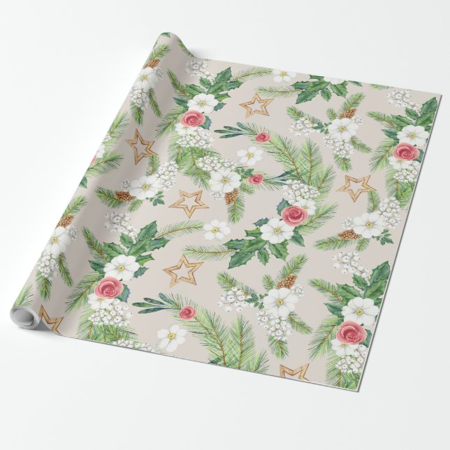 Papier Cadeau Vacances Envelopper crème Florale et étoiles (Déroulé)