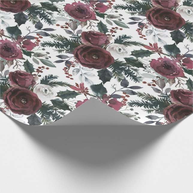 Papier Cadeau Vacances Florales Bourgogne Roses Green Pine et Ho (Coin)