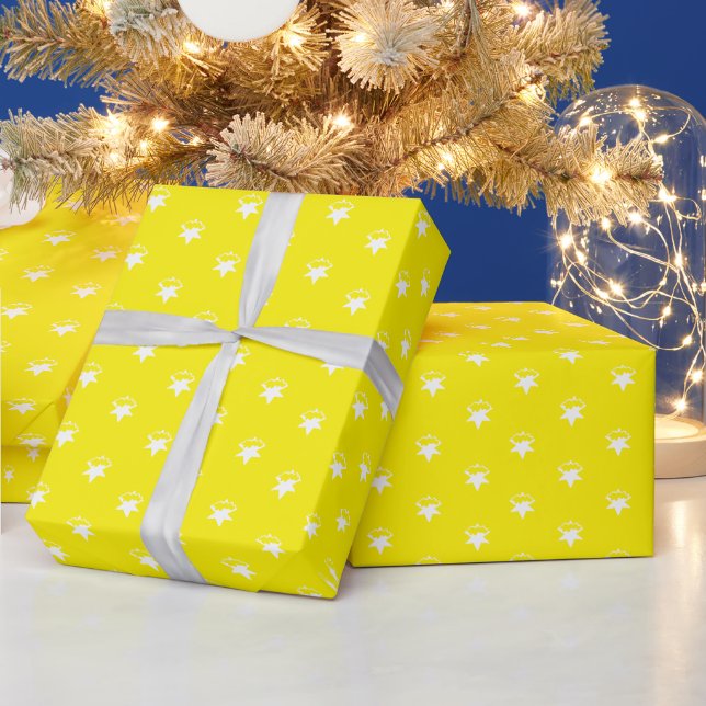 Papier Cadeau Vacances jaune blanc flocons neige étoiles cadeau (Vacances)