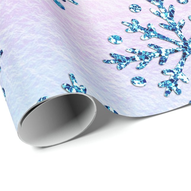 Papier Cadeau Vacances LG Ice Blu Snowflakes Iridescente Faux Fa (Coin rond)