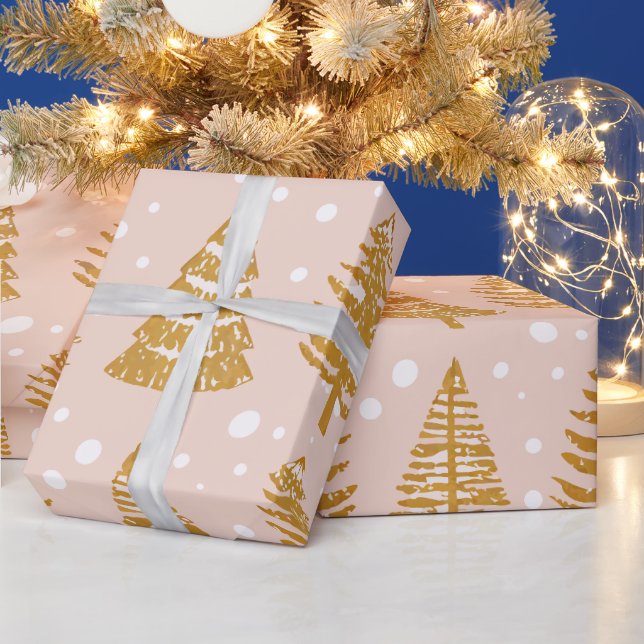 Papier Cadeau vacances modernes fantaisie arbres or rose motif (Vacances)