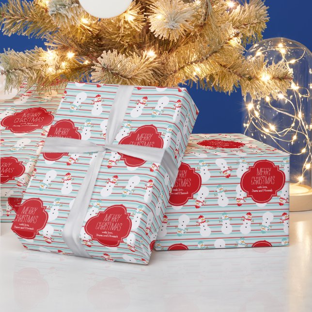 Papier Cadeau Vacances personnalisées Red et Aqua Snowmen (Vacances)