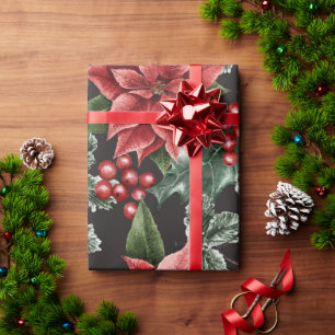 Papier Cadeau Vacances Rouge Poinsettias Pine Verdure Noël