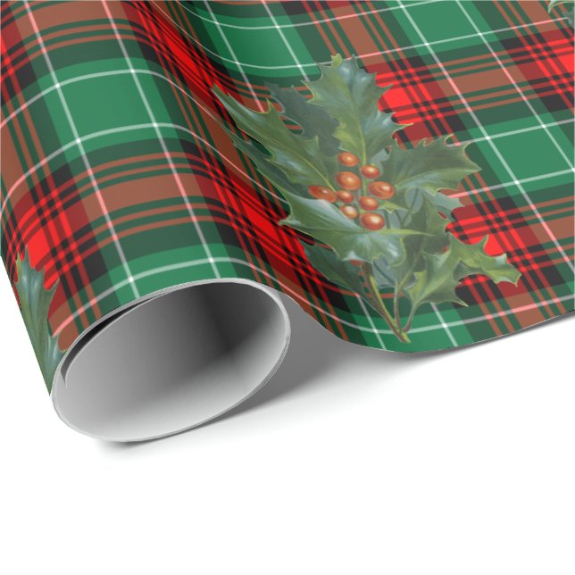 Papier Cadeau Vacances vertes rouges avec Holly (Coin rond)