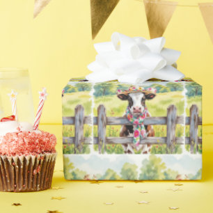 Papier Cadeau Vache à l'aquarelle portant un chapeau à motif flo
