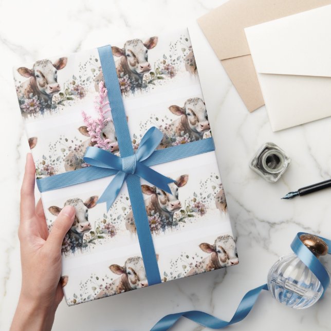 Papier Cadeau Vache Aquarelle En Fleurs (Cadeaux)