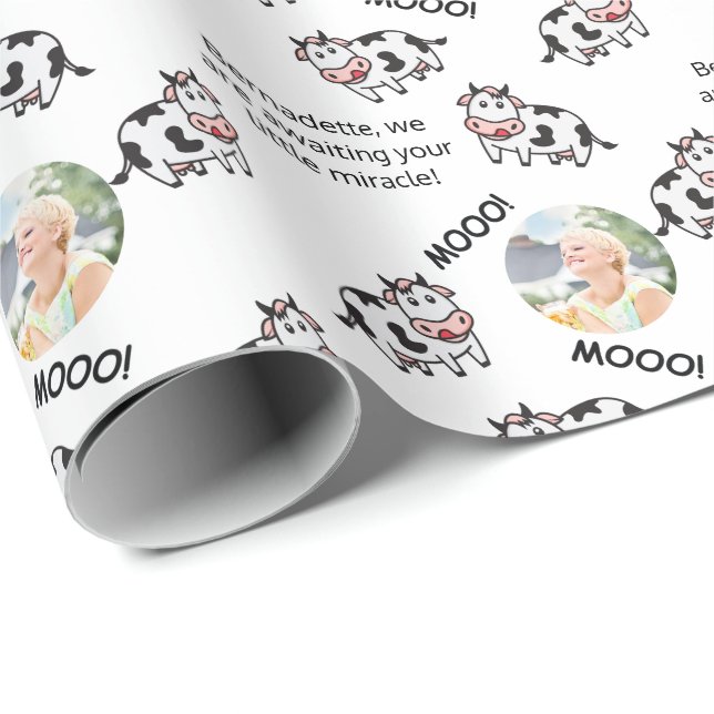 Papier Cadeau Vache blanche mignonne ferme animal photo sentimen (Coin rond)