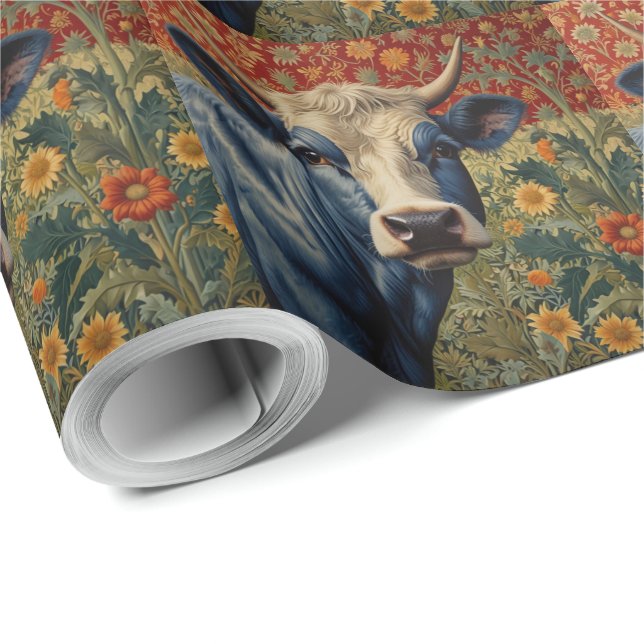 Papier Cadeau Vache bleu rétro dans le jardin de tournesol (Coin rond)
