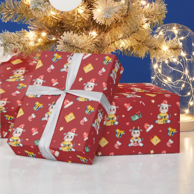 Papier Cadeau Vache d'aquarelle mignonne Motif à Noël rouge (Vacances)